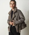 PELUŞ YAKA KEMERLİ GRİ NUBUK BİKER CEKET