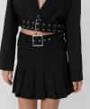 Kemer Detaylı Pileli Mini Etek Siyah