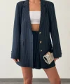 OVERSİZE ÇİZGİLİ POLİVİSKON ETEK CEKET TAKIM LACİVERT