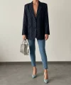 SİM ÇİZGİ DETAY ASTARLI BLAZER CEKET LACİVERT