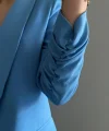 Atlas Kumaş Astarlı Büzgü Kol Tam Kalıp Blazer Ceket Mavi