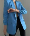 Atlas Kumaş Astarlı Büzgü Kol Tam Kalıp Blazer Ceket Mavi