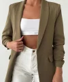Atlas Kumaş Astarlı Büzgü Kol Tam Kalıp Blazer Ceket Haki