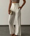 BEL DÜĞMELİ KETEN PANTOLON EKRU