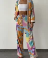 Beli Lastikli Renkli Desenli Pantolon Turuncu