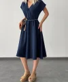 HASIR BAĞLAMALI MİDİ BOY ELBİSE LACİVERT