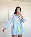 Çizgi Detaylı Baskılı Oversize Gömlek Mavi