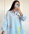 Çizgi Detaylı Baskılı Oversize Gömlek Mavi