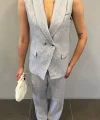 KRUVAZE YAKA KETEN YELEK PANTOLON TAKIM GRİ