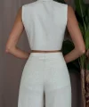 ÖNDEN BAĞLAMALI BLUZ PANTOLON KETEN TAKIM EKRU