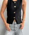 Gold Düğme Siyah Triko Yelek