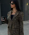 Leopar Desenli Kaşe Blazer Ceket Kahverengi