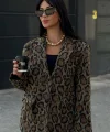 Leopar Desenli Kaşe Blazer Ceket Kahverengi