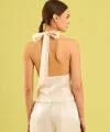 Parlak Boyundan Bağlamalı Yelek - Ekru