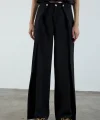 Piliseli Kapak Detay Krep Palazzo Pantolon - Siyah
