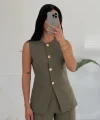 Karma Düğme Yelek Pantolon Takım - Haki