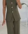 Karma Düğme Yelek Pantolon Takım - Haki