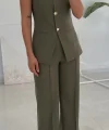 Karma Düğme Yelek Pantolon Takım - Haki