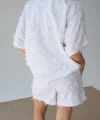 İplik Detay Şort Gömlek Takım-Bej Beyaz