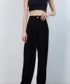 Gold Düğme Pileli Palazzo Pantolon-Siyah