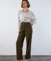 Gold Düğme Pileli Palazzo Pantolon-Haki
