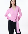 Bağlama Detaylı Kruvaze Bluz Gömlek-Pembe