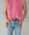 Gold Düğme Triko Yelek-Pembe