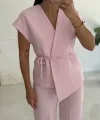 Luna Bağlamalı Yelek Pantolon Takım-Pembe