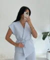 Luna Bağlamalı Yelek Pantolon Takım-Mavi