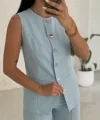 Karma Düğme Keten Yelek Pantolon Takım-Mavi