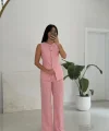 Karma Düğme Keten Yelek Pantolon Takım-Pembe