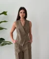 Bağcıklı Sırtı Açık Keten Yelek Pantolon Takım-Vizon