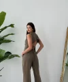 Bağcıklı Sırtı Açık Keten Yelek Pantolon Takım-Vizon