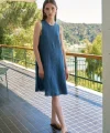 Premium Seri Sıfır Kol Keten Elbise-Mavi