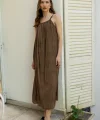 Boncuk Askılı Uzun Elbise-Kahve