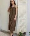 Boncuk Askılı Uzun Elbise-Kahve