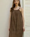 Boncuk Askılı Uzun Elbise-Kahve