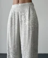 Leopar Desenli Saten Pantolon-Ekru