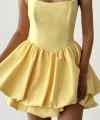 Balen Detaylı Volanlı Mini Sarı Elbise