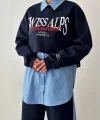 Çizgili Gömlek Garnili Yazı Baskılı Oversize Sweatshirt-Mavi
