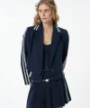 Yazı Şeritli Tek Düğmeli Crop Blazer Ceket Lacivert