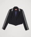 Yazı Şeritli Tek Düğmeli Crop Blazer Ceket Lacivert