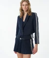 Yazı Şeritli Tek Düğmeli Crop Blazer Ceket Lacivert