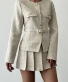 Kemer Detaylı Pileli Tüvit Mini Şort Etek Bej