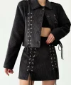 Bağcıklı Kadife Fitilli Siyah Ceket