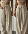 Beli Lastikli Kadife Pantolon-Krem