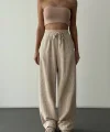 Beli Lastikli Kadife Pantolon-Krem