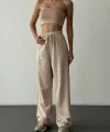 Beli Lastikli Kadife Pantolon-Krem