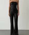 Payetli Straplez Bluz Pantolon Takım-Siyah