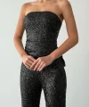 Payetli Straplez Bluz Pantolon Takım-Siyah